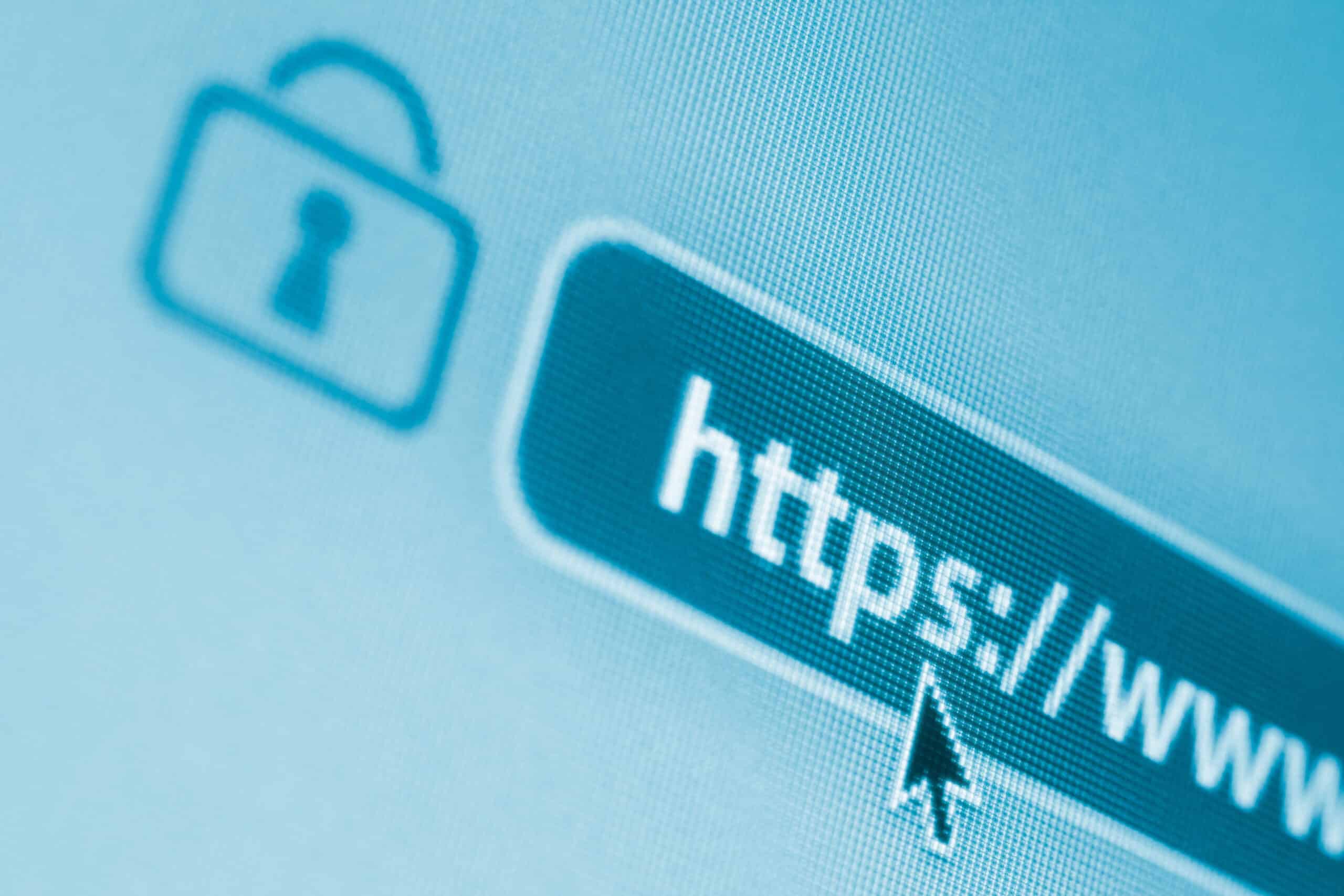 Browser-Adressleiste mit HTTPS und Schloss-Symbol zeigt eine sichere Verbindung an.