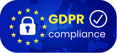 EU-Flagge mit Schloss und Häkchen-Symbol, Text "GDPR compliance" auf blauem Hintergrund, symbolisiert Datenschutzkonformität.