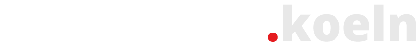 Logo von webdesign.koeln mit weißer Schrift und einem roten Punkt auf schwarzem Hintergrund.