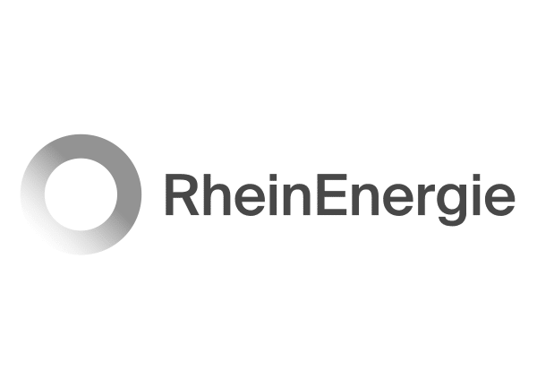 RheinEnergie-Logo mit grauem Kreis und Schriftzug auf weißem Hintergrund.
