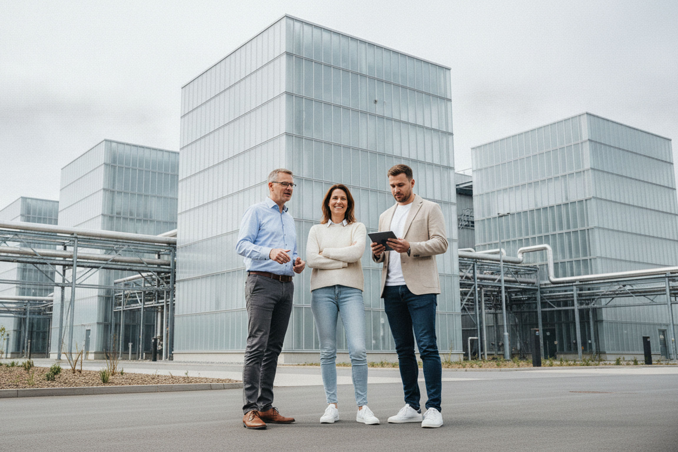 Drei Personen stehen vor modernen Industriegebäuden und betrachten ein Tablet. Drei Personen stehen vor modernen Industriegebäuden und betrachten ein Tablet.