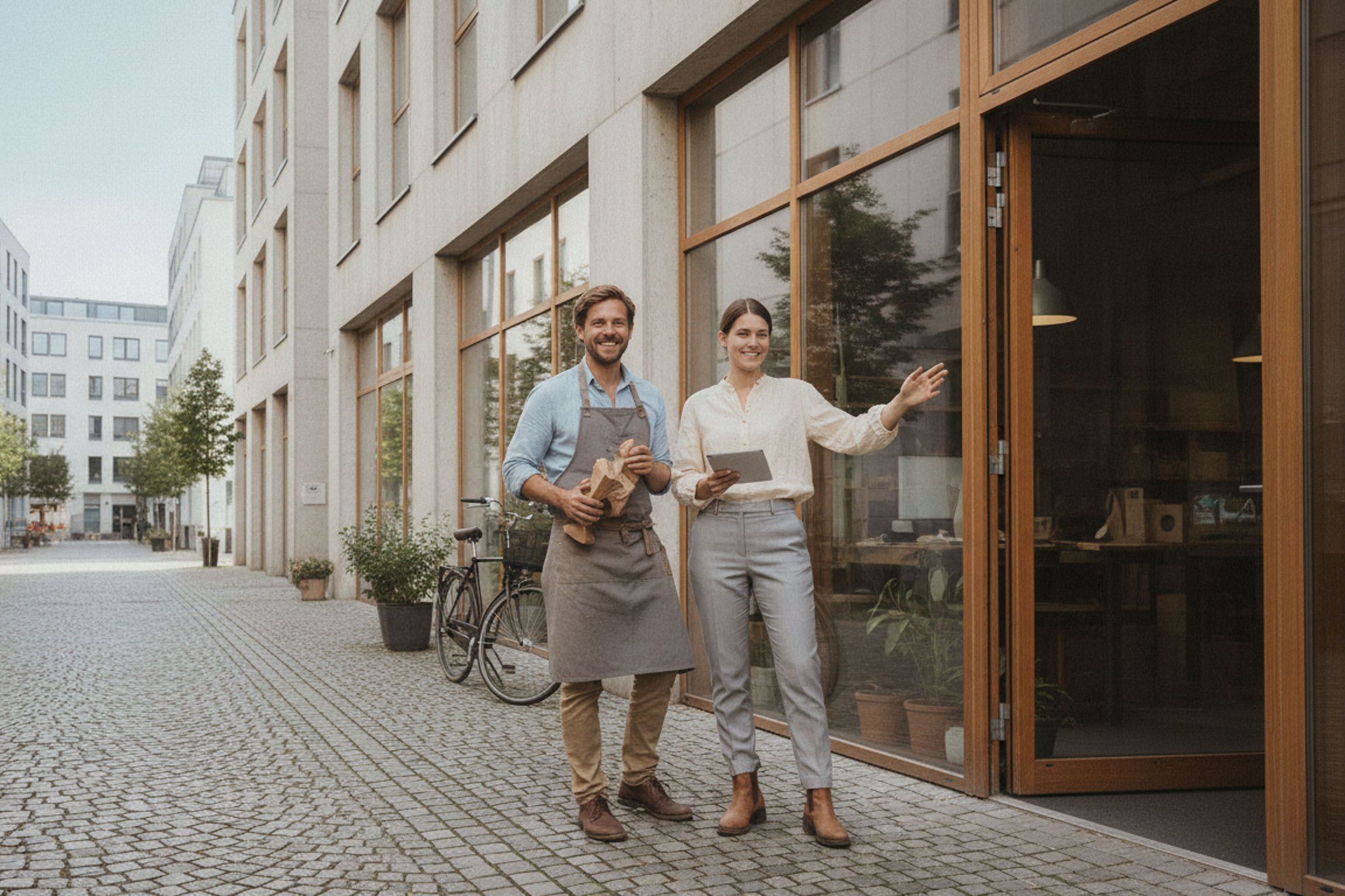 Zwei lächelnde Personen stehen vor einem modernen Geschäftseingang in einer städtischen Umgebung. Zwei lächelnde Personen stehen vor einem modernen Geschäftseingang in einer städtischen Umgebung.