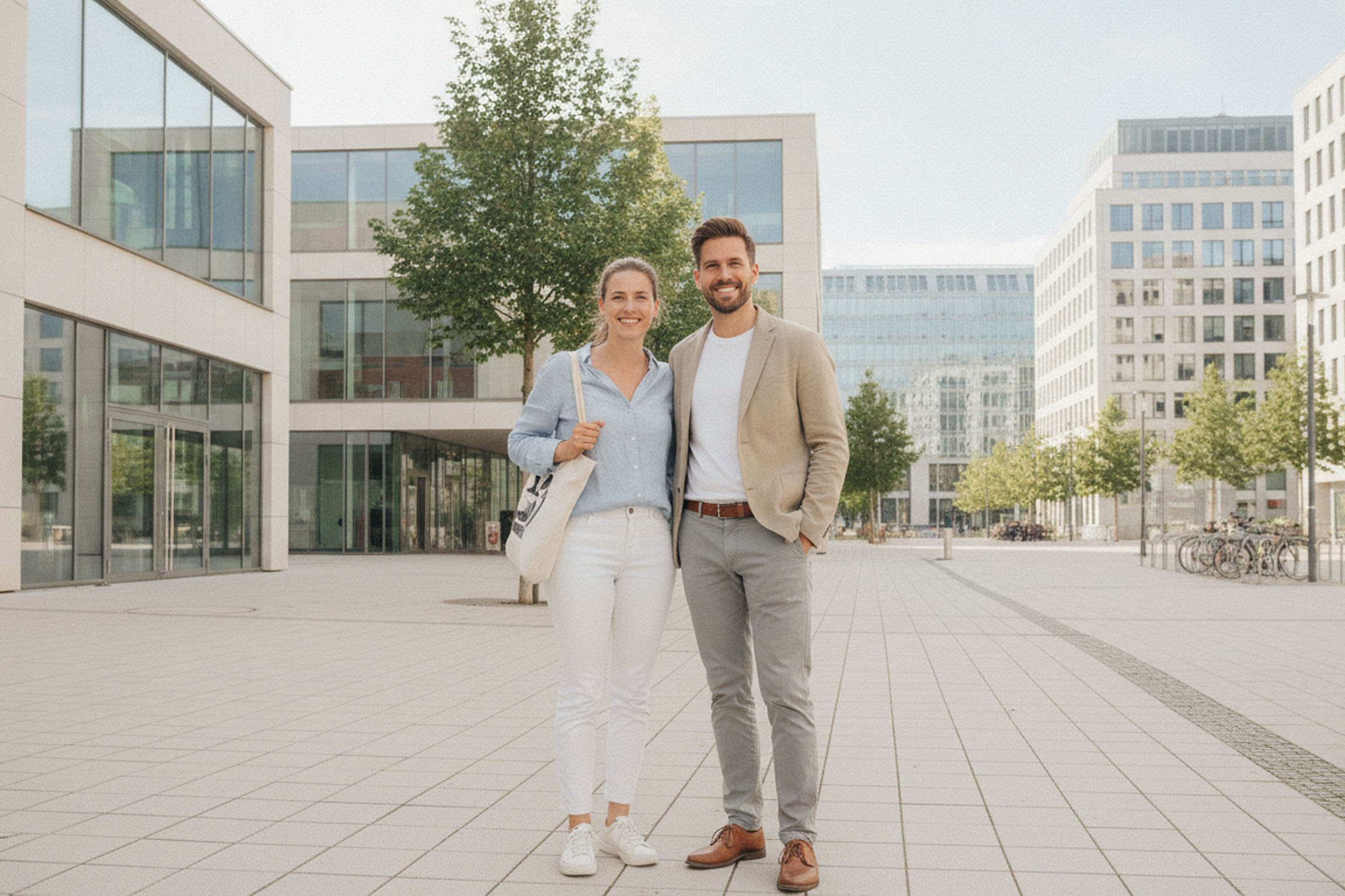 Zwei lächelnde Personen stehen in einem modernen, städtischen Geschäftsviertel mit Glasgebäuden und Bäumen im Hintergrund. Zwei lächelnde Personen stehen in einem modernen, städtischen Geschäftsviertel mit Glasgebäuden und Bäumen im Hintergrund.