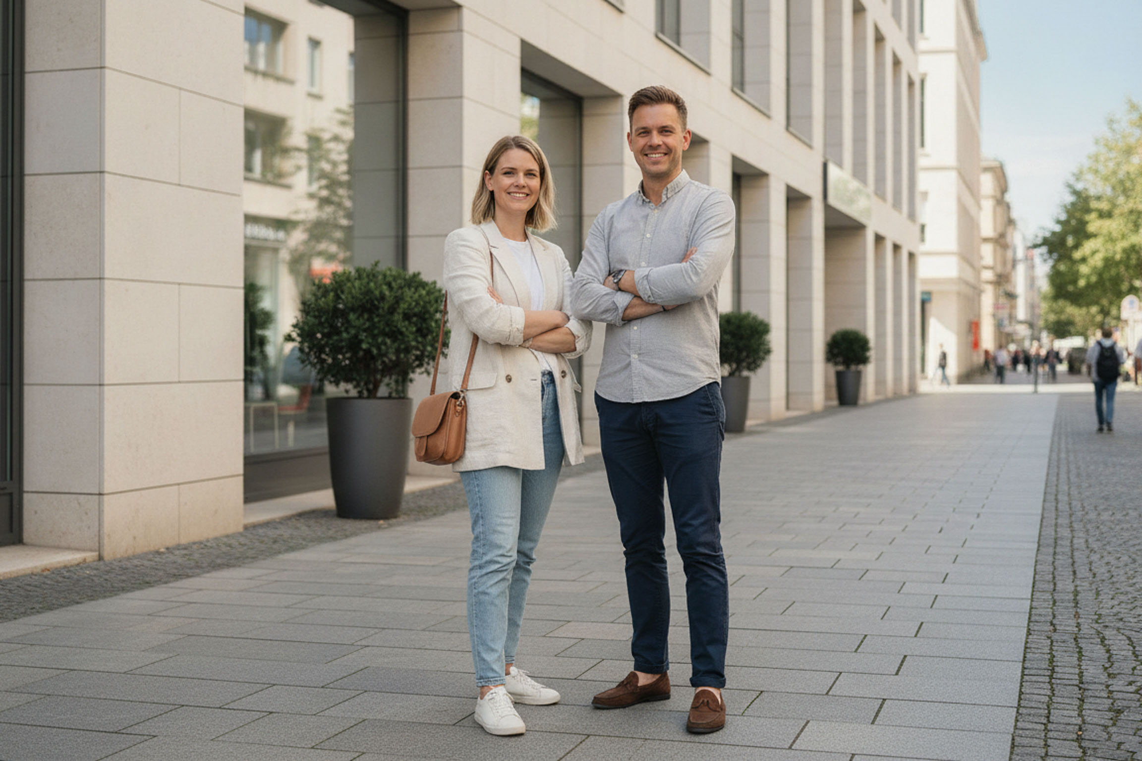 Zwei lächelnde Personen stehen selbstbewusst auf einer modernen Stadtstraße, passend zum Thema Webdesign. Zwei lächelnde Personen stehen selbstbewusst auf einer modernen Stadtstraße, passend zum Thema Webdesign.