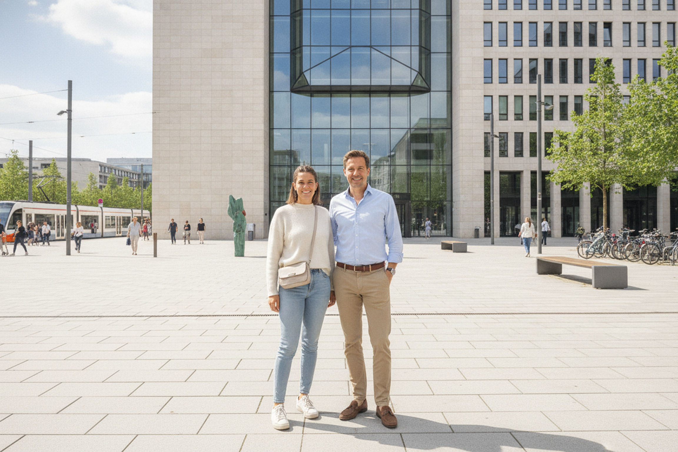 Zwei Personen stehen lächelnd vor einem modernen Bürogebäude auf einem belebten Platz bei sonnigem Wetter. Zwei Personen stehen lächelnd vor einem modernen Bürogebäude auf einem belebten Platz bei sonnigem Wetter.