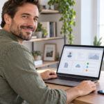 Mann arbeitet lächelnd am Laptop an einem Schreibtisch mit Pflanzen und Kaffeetasse, passend zum Thema Webentwicklung.