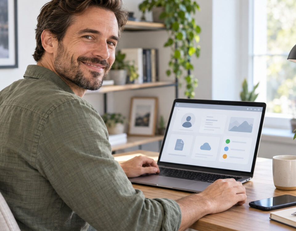 Mann arbeitet lächelnd am Laptop an einem Schreibtisch mit Pflanzen und Kaffeetasse, passend zum Thema Webentwicklung.