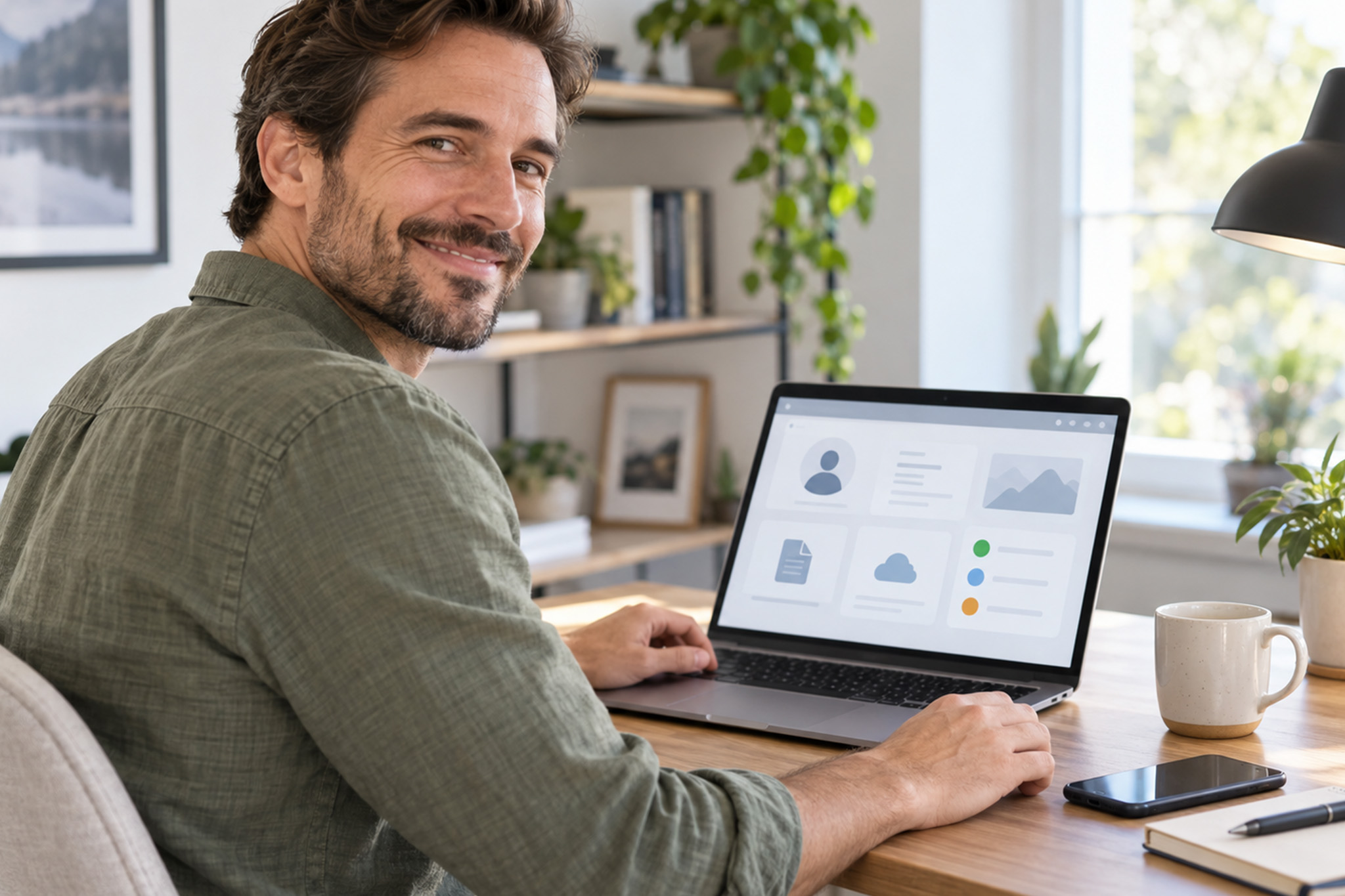 Mann arbeitet lächelnd am Laptop an einem Schreibtisch mit Pflanzen und Kaffeetasse, passend zum Thema Webentwicklung.