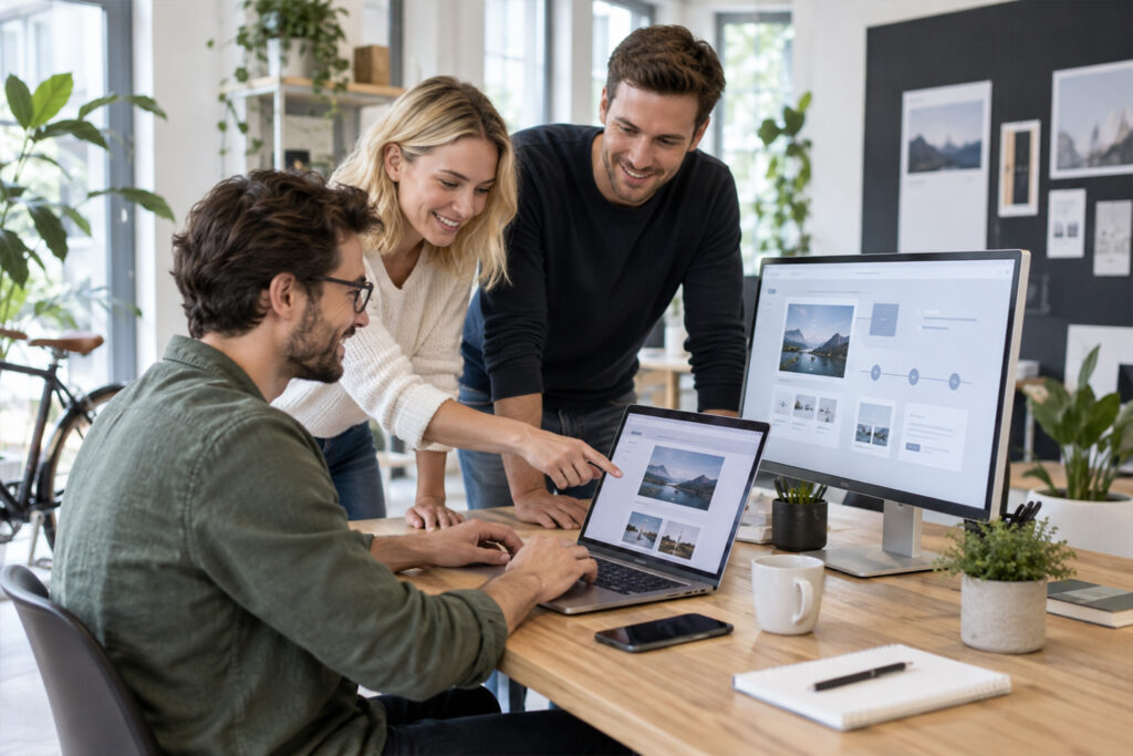 Drei Personen arbeiten gemeinsam an einem Webdesign-Projekt in einem modernen Büro mit Pflanzen und Computern.