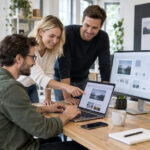 Drei Personen arbeiten gemeinsam an einem Webdesign-Projekt in einem modernen Büro mit Pflanzen und Computern.