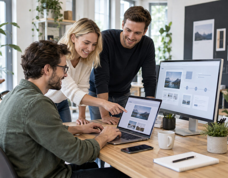 Drei Personen arbeiten gemeinsam an einem Webdesign-Projekt in einem modernen Büro mit Pflanzen und Computern.