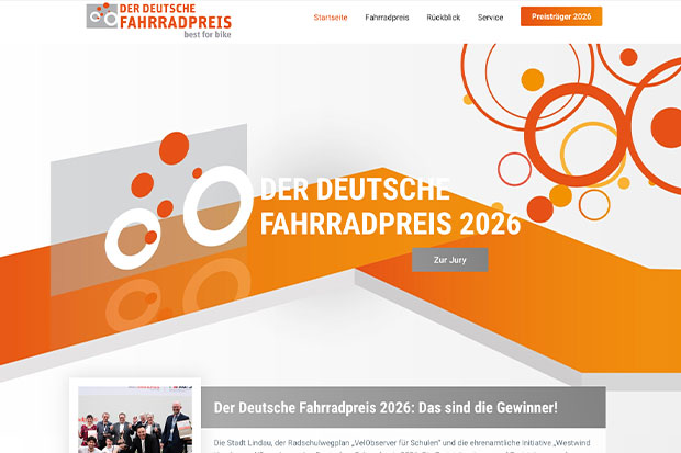 Webseite des Deutschen Fahrradpreises 2026 mit farbenfrohem Design und Informationen zu Jury und Gewinnern.