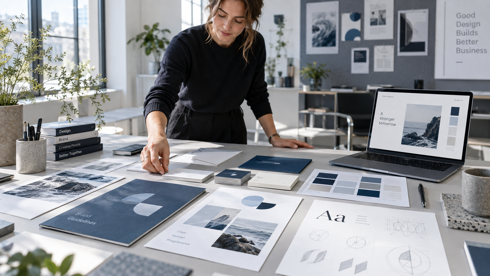 Designer arbeitet an einem Tisch mit Branding-Materialien und Laptop, umgeben von Pflanzen, mit Fokus auf Corporate Design. Designer arbeitet an einem Tisch mit Branding-Materialien und Laptop, umgeben von Pflanzen, mit Fokus auf Corporate Design.