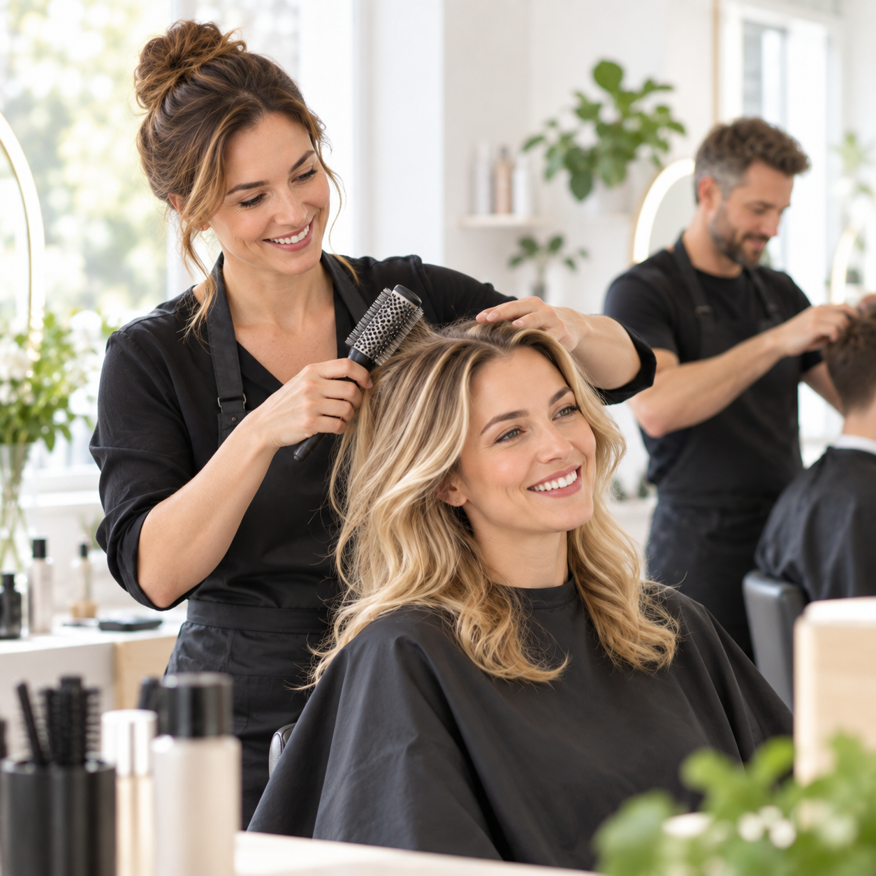 Eine Friseurin stylt lächelnd das Haar einer Kundin in einem modernen Salon. Eine Friseurin stylt lächelnd das Haar einer Kundin in einem modernen Salon.