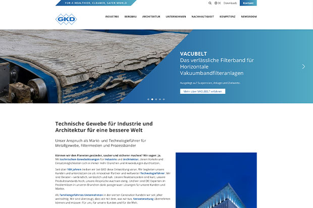 Website der GKD-Gruppe, die technische Gewebe für Industrie und Architektur mit Fokus auf Filtertechnologie und Nachhaltigkeit präsentiert.