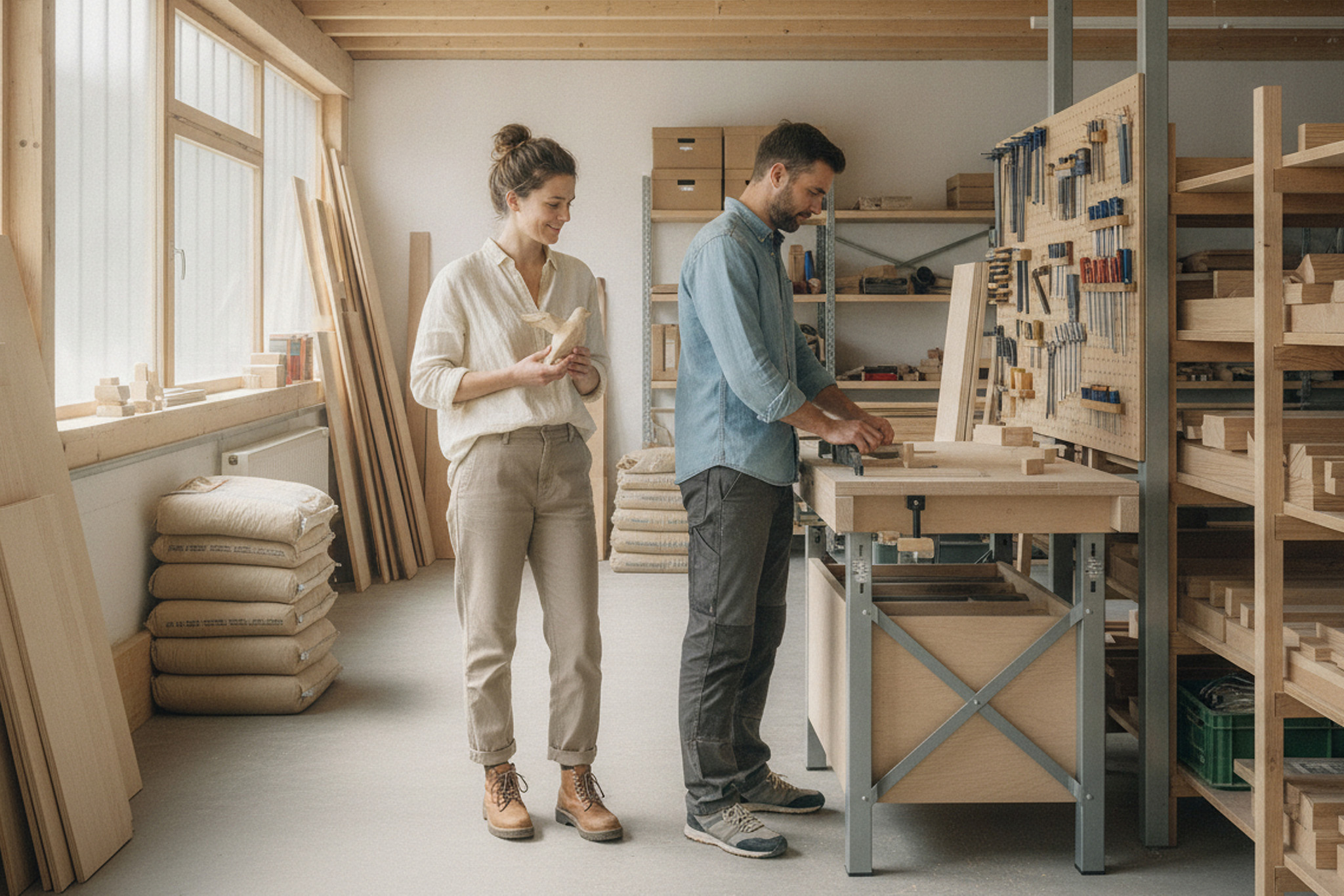 Zwei Personen arbeiten in einer hellen Holzwerkstatt, umgeben von Werkzeugen und Holzmaterialien. Zwei Personen arbeiten in einer hellen Holzwerkstatt, umgeben von Werkzeugen und Holzmaterialien.