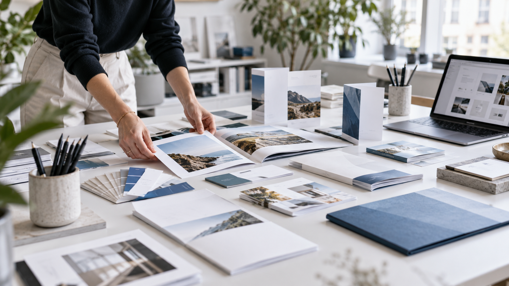Kreativer Arbeitsplatz mit Druckmaterialien und Designvorlagen auf einem Tisch, umgeben von Pflanzen und einem Laptop.