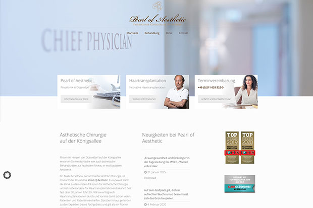 Webseite der Klinik "Pearl of Aesthetic" in Düsseldorf mit Angeboten zu ästhetischer Chirurgie und Haartransplantation.
