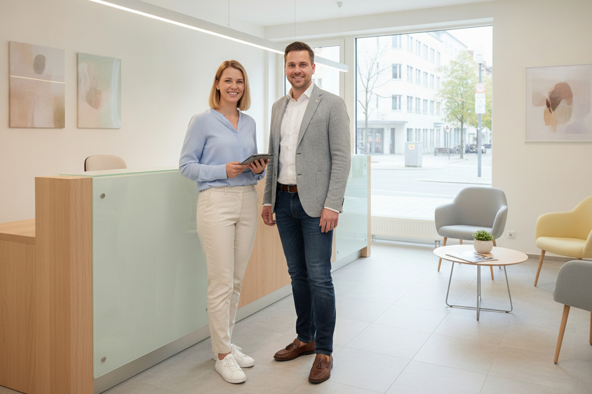 Zwei Personen stehen lächelnd in einem modernen, hellen Empfangsbereich mit minimalistischer Einrichtung. Zwei Personen stehen lächelnd in einem modernen, hellen Empfangsbereich mit minimalistischer Einrichtung.