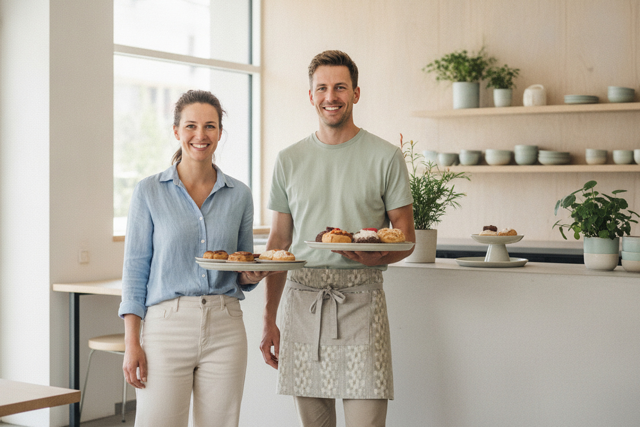 Zwei lächelnde Personen präsentieren in einem modernen Café frisches Gebäck, um lokale SEO-Strategien für kleine Unternehmen zu veranschaulichen.