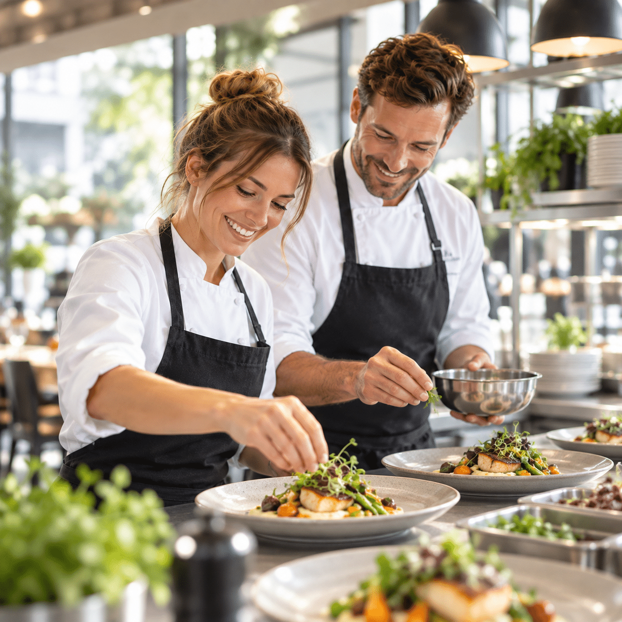 Köche garnieren kunstvoll Teller in einem modernen Restaurant, umgeben von frischen Zutaten und stilvollem Ambiente. Köche garnieren kunstvoll Teller in einem modernen Restaurant, umgeben von frischen Zutaten und stilvollem Ambiente.