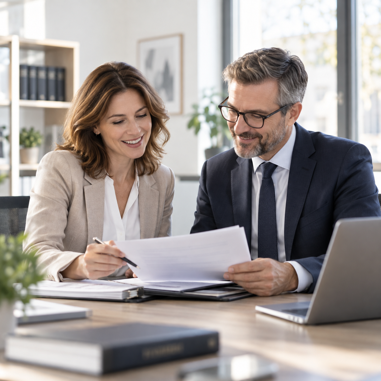 Zwei Geschäftsleute in einem Büro besprechen Dokumente und lächeln, umgeben von Pflanzen und Büchern. Zwei Geschäftsleute in einem Büro besprechen Dokumente und lächeln, umgeben von Pflanzen und Büchern.