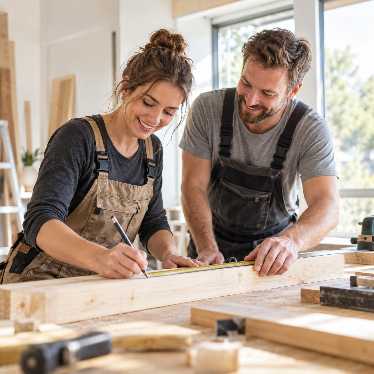 Zwei Handwerker messen gemeinsam ein Holzstück in einer hellen Werkstatt. Zwei Handwerker messen gemeinsam ein Holzstück in einer hellen Werkstatt.