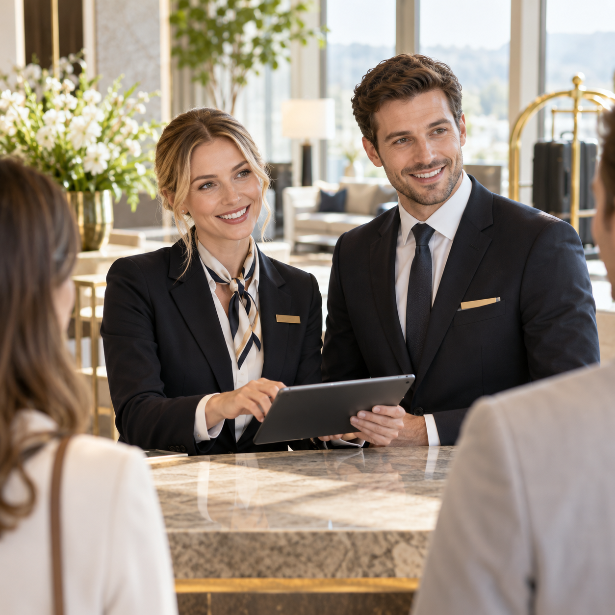 Zwei lächelnde Hotelangestellte in eleganter Kleidung beraten Gäste mit einem Tablet an der Rezeption. Zwei lächelnde Hotelangestellte in eleganter Kleidung beraten Gäste mit einem Tablet an der Rezeption.