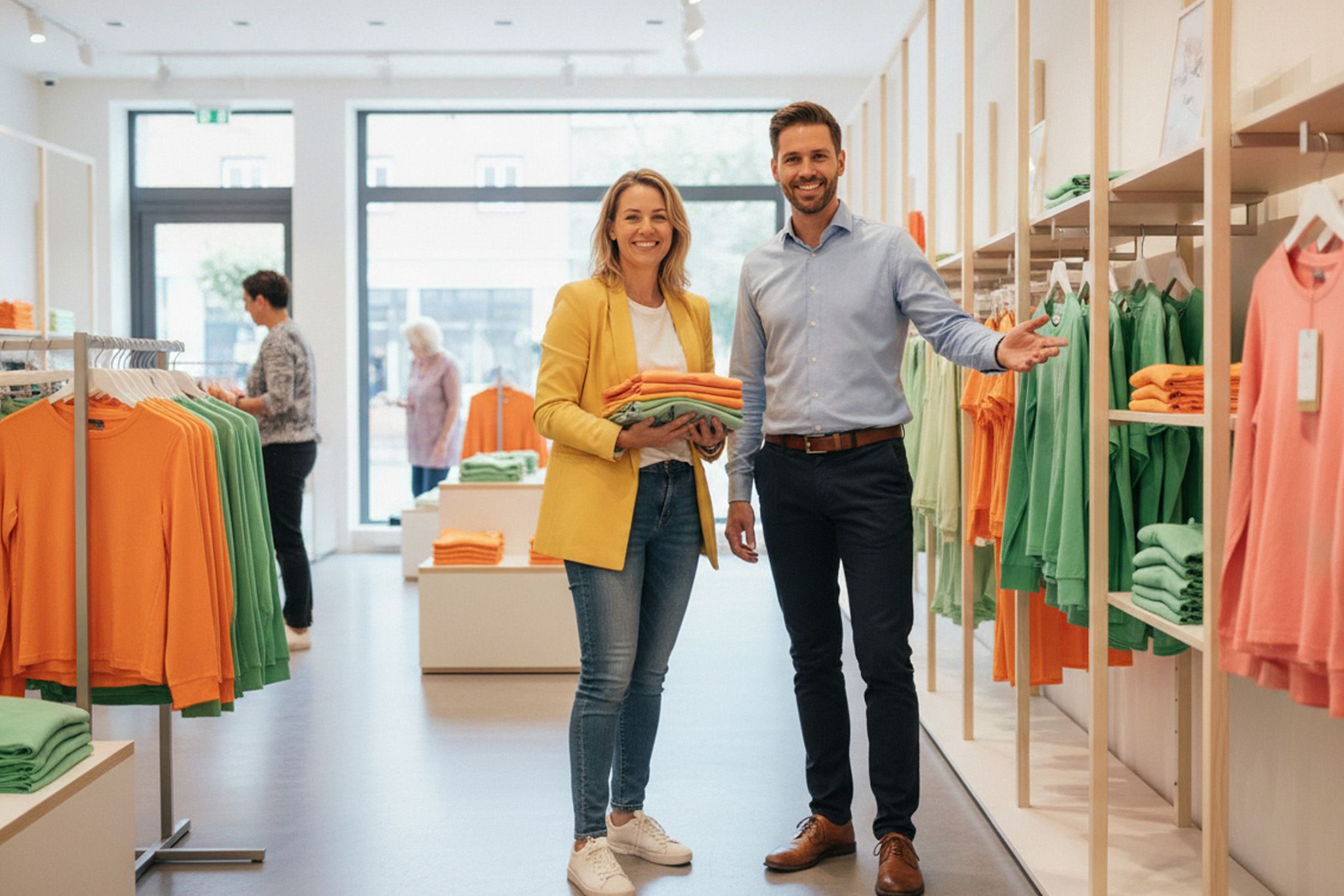 Zwei lächelnde Personen in einem Bekleidungsgeschäft präsentieren farbenfrohe Kleidung, symbolisierend für lokale SEO-Strategien. Zwei lächelnde Personen in einem Bekleidungsgeschäft präsentieren farbenfrohe Kleidung, symbolisierend für lokale SEO-Strategien.