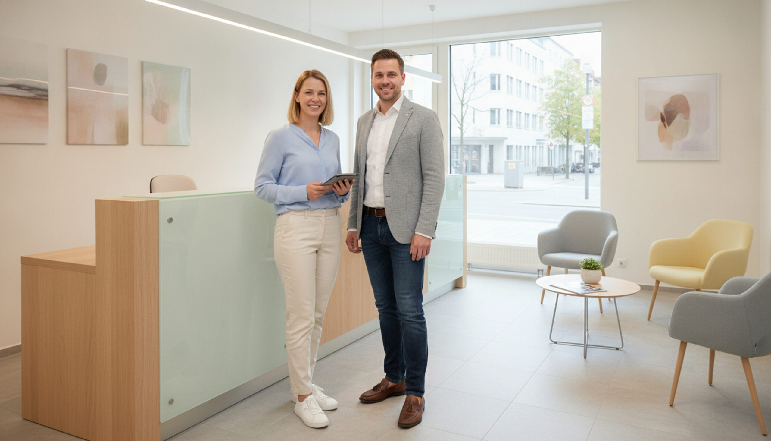 Zwei Personen stehen lächelnd in einem modernen, hellen Empfangsbereich mit minimalistischer Einrichtung.