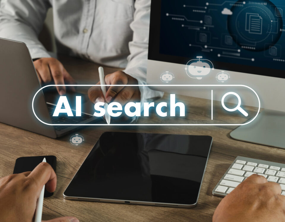 AI search suchfeld auf einem Bild welches PErsonen am Rechner zeigt