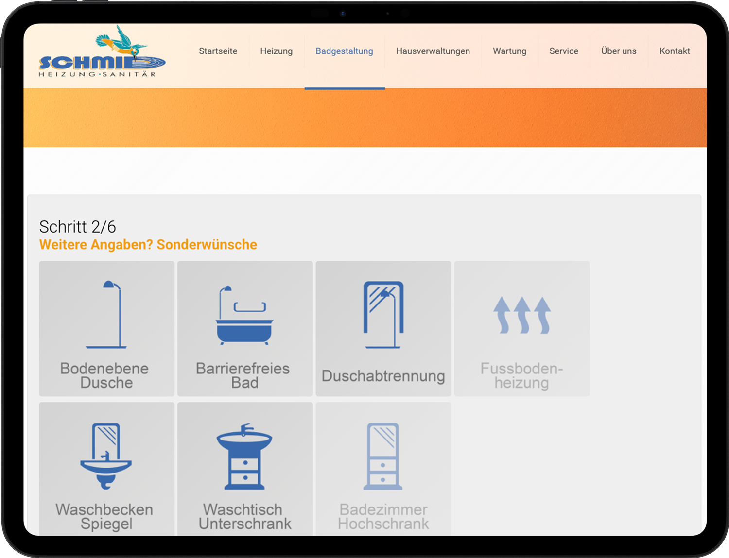 Anfrage Formular - Badrechner GS Schmid - Tablet Darstellung