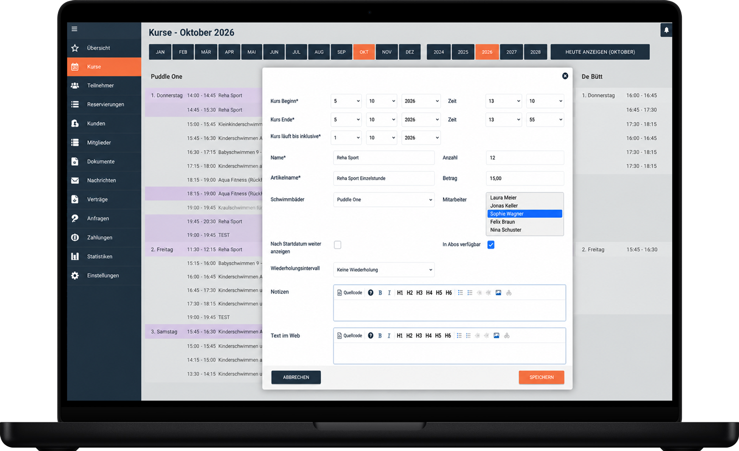 Kursverwaltung - Screenshot Desktop / Webseite - Beispiel