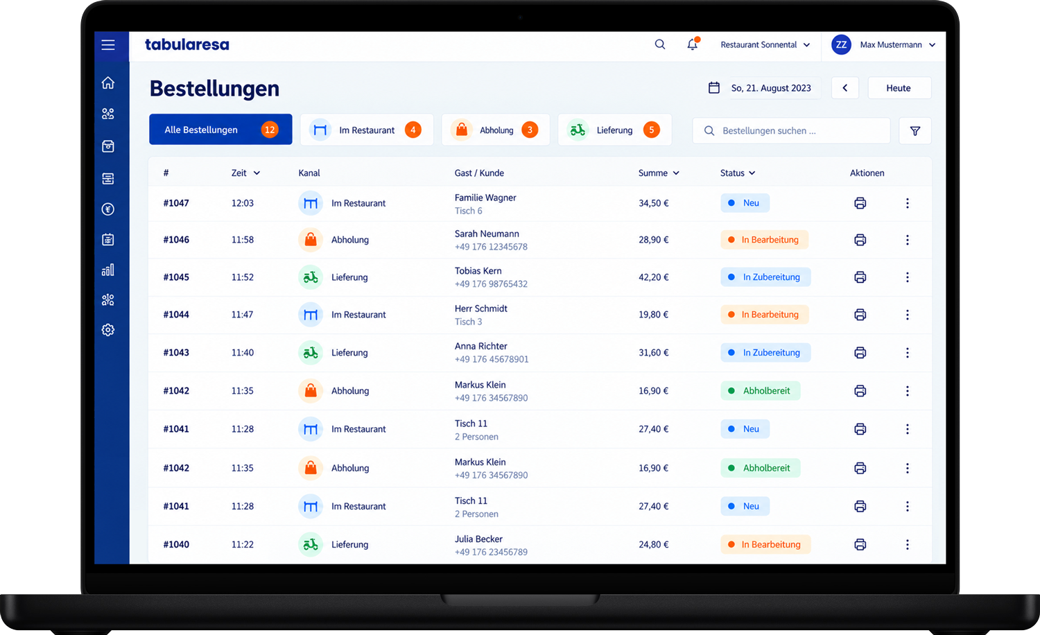 tabularesa-bestellungen Bestellungen Dashboard - Gastronomie - Togo, Inhouse und Lieferbestellungen